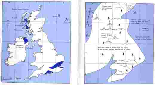 Fig 3 Paleogeography of Britain and Ireland around 55 million years ago (right), showing a coastline hinting strongly at the present-day configuration of land and sea. Outcrop of Paleogene rocks shown (left) for reference.